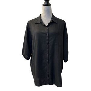 Culture Code Women's Linen Black Button-Up Shirt Short Sleeve Collared Size L